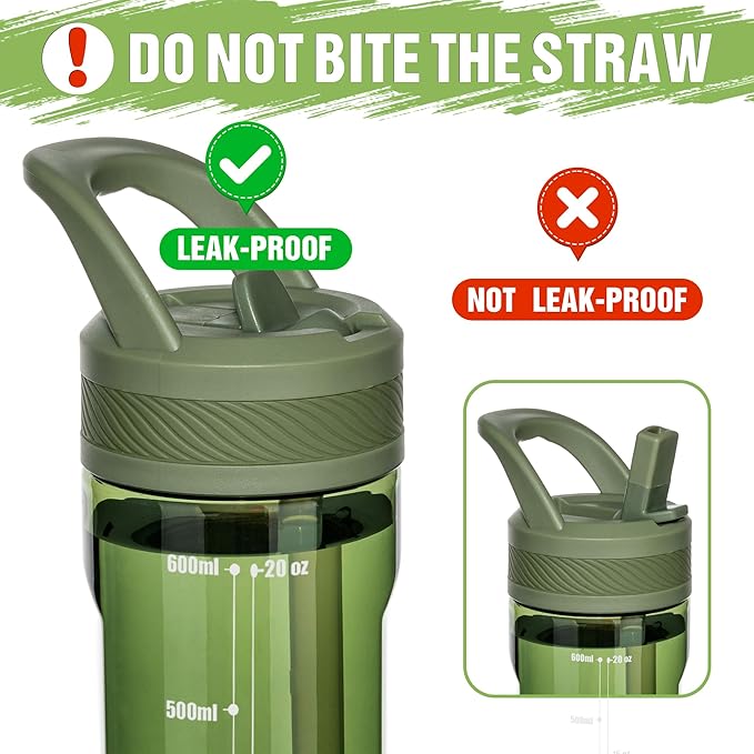 OLDLEY 20oz Kids Water Bottle with Straw, BPA-Free Tritan Water Bottle for School, Leakproof Clear Water Bottle with One Click Open, Measurement Scale, Cup Holder Friendly for Boys Girls,Army Green