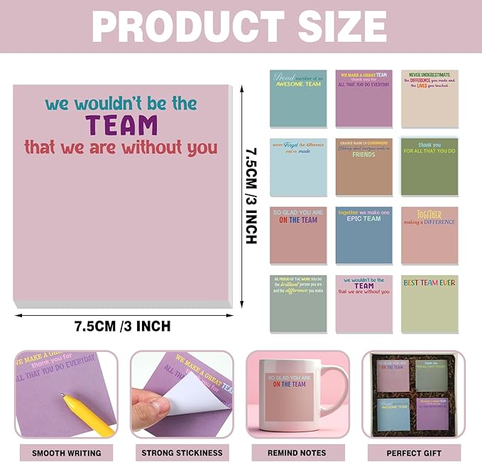 Yinder 24 Pcs Inspirational Sticky Notes Cute Motivational Sticky Notes Pad End of Year Employee Appreciation Gifts Bulk for Teacher Nurse Coworkers Office Supplies 3 x 3'' (Team,Morandi)