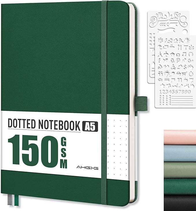 AHGXG Dotted Journal - 150 GSM Dot Grid Notebook Journal, Thick Acid-Free Paper, A5 Dotted Notebook 128 Pages, Leather Hardcover, Inner Pocket, Journal Stencil, 5.7'' × 8.3'', Dark Green