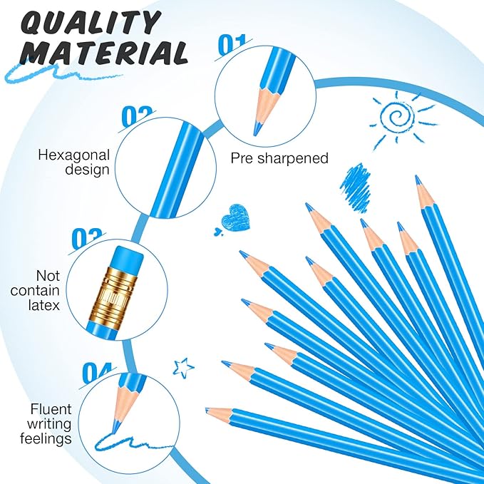 Chinco 12 Pieces Blue Pencils with Eraser for Kids HB Erasable Pencils Pre-sharpened Wooden Pencil Correcting for Students School Writing Drawing Checking