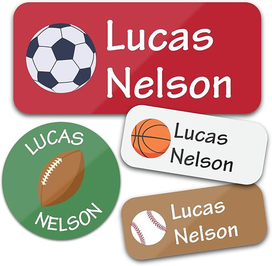 Bunny Badges Personalized Daycare Name Labels for Kids (130 Labels) - Custom Waterproof Name Stickers for Clothing Tags, Water Bottles, Lunch Boxes and School Supplies (Sports)