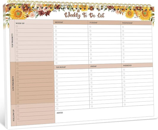 Taja Weekly To Do List Notepad with 52 Undated Sheets（8.5"×11"）- Weekly Desk Planner for Women & Man, Work and Home - 1 Pack Golden Sunflower