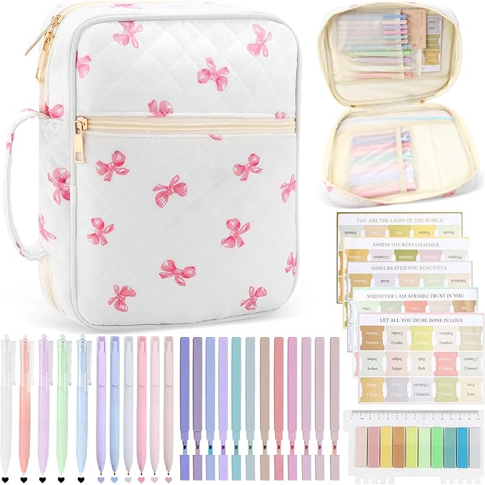 Bible Cover Case Study Supplies for Women Gifts Large Bible Cover with Highlighters Pens Tabs Cute Quilted Carrying Case Journal Kit Accessories Christian Gifts Sticky Notes C