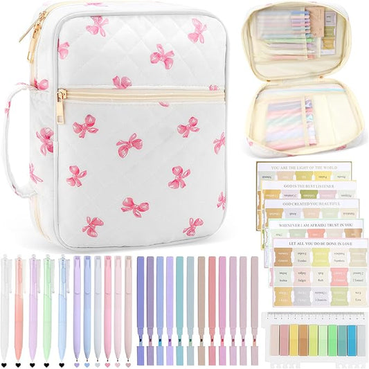 Bible Cover Case Study Supplies for Women Gifts Large Bible Cover with Highlighters Pens Tabs Cute Quilted Carrying Case Journal Kit Accessories Christian Gifts Sticky Notes C