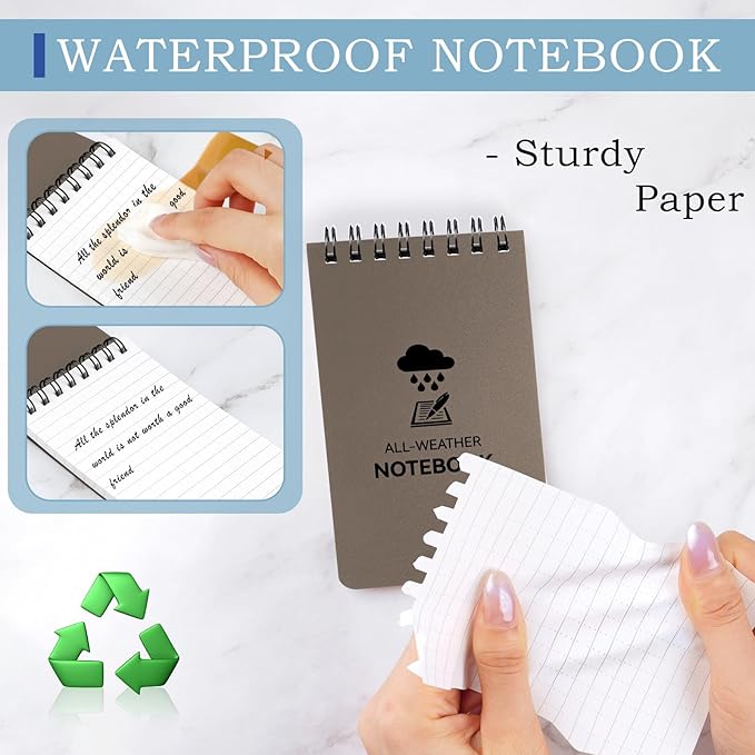 COIDEA 6 Pack Waterproof Notebook, 3 x 5 Pocket Notepad, Top-Spiral Weatherproof NotePad, All Weather Police Pocket Notebook Little Memo Steno Note Pads for Outdoor Office School Recording, Brown