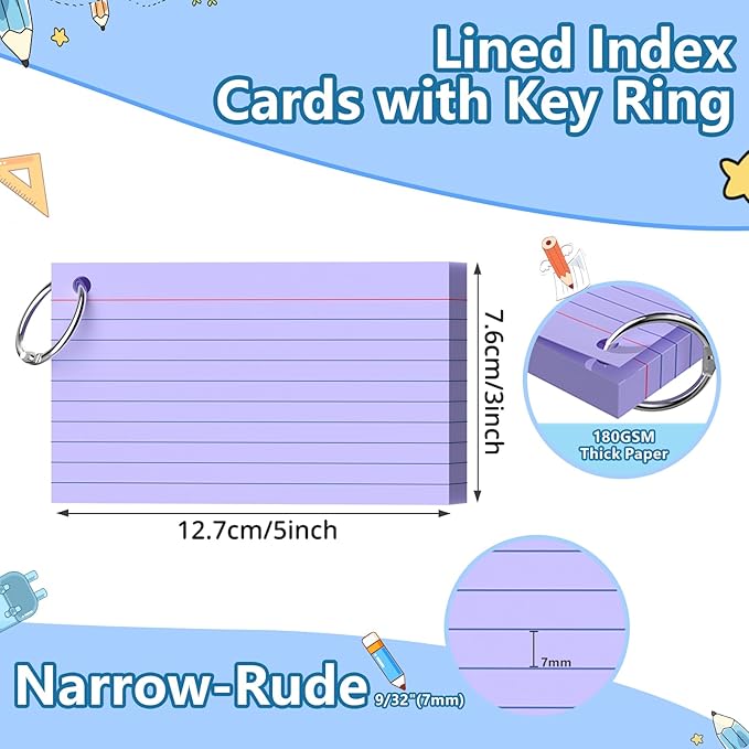 Index Cards 3x5 Inch With Ring, 300 Count, Ruled Purple Index Card, 180GSM Flash Cards College Ruled for Students, Teachers, Study Note Card for Office, Home, School, Office