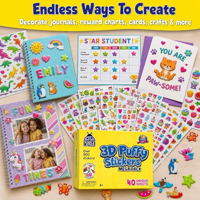 Purple Ladybug 3D Puffy Stickers for Kids - 40 Sheets, 950+ Foam Stickers for Toddler Girls & Boys, Classroom & Teachers Must Haves, Boredom Buster - Back to School Gift for Kindergarten Girls & Boys