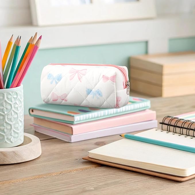 Sherr Coquette Bow Pencil Case Pink Blue Bow Cute Pencil Pouch Soft Cotton Storage Bag Aesthetic Pattern Gift Makeup Pouch Cosmetic Bag for Women Adults