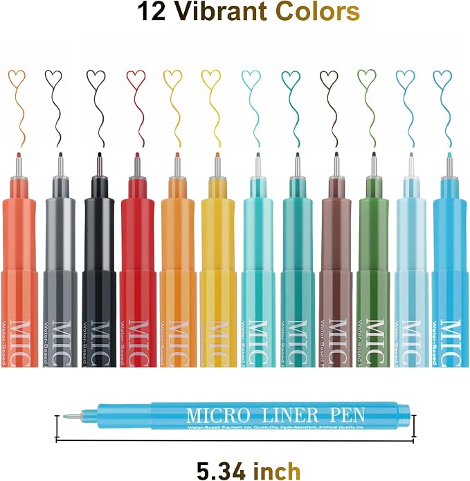 12 Colors Fineliner Pens Set, 0.5mm Fine Point Needle Tip Pens, No Bleed Waterproof Archival Ink for Drawing, Bullet Journal, Bible Journaling, Note Taking
