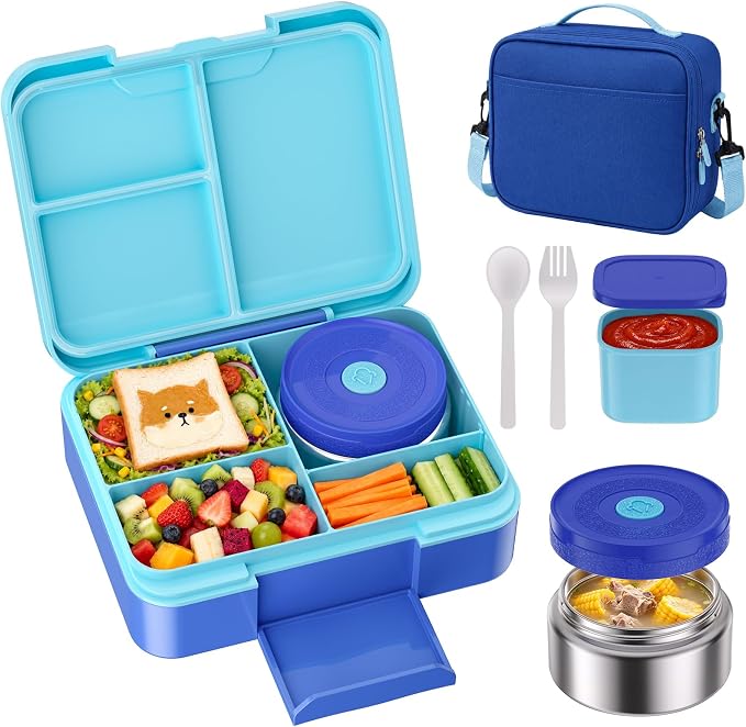 HOMETALL Bento Lunch Box for Kids with 8.5oz Insulated Food Thermo - Leakproof Bento Box Lunch Bags for Ages 3 to 14, Back to School BPA-Free Lunchbox Snack Containers Reusable Daycare Meal Prep,Blue