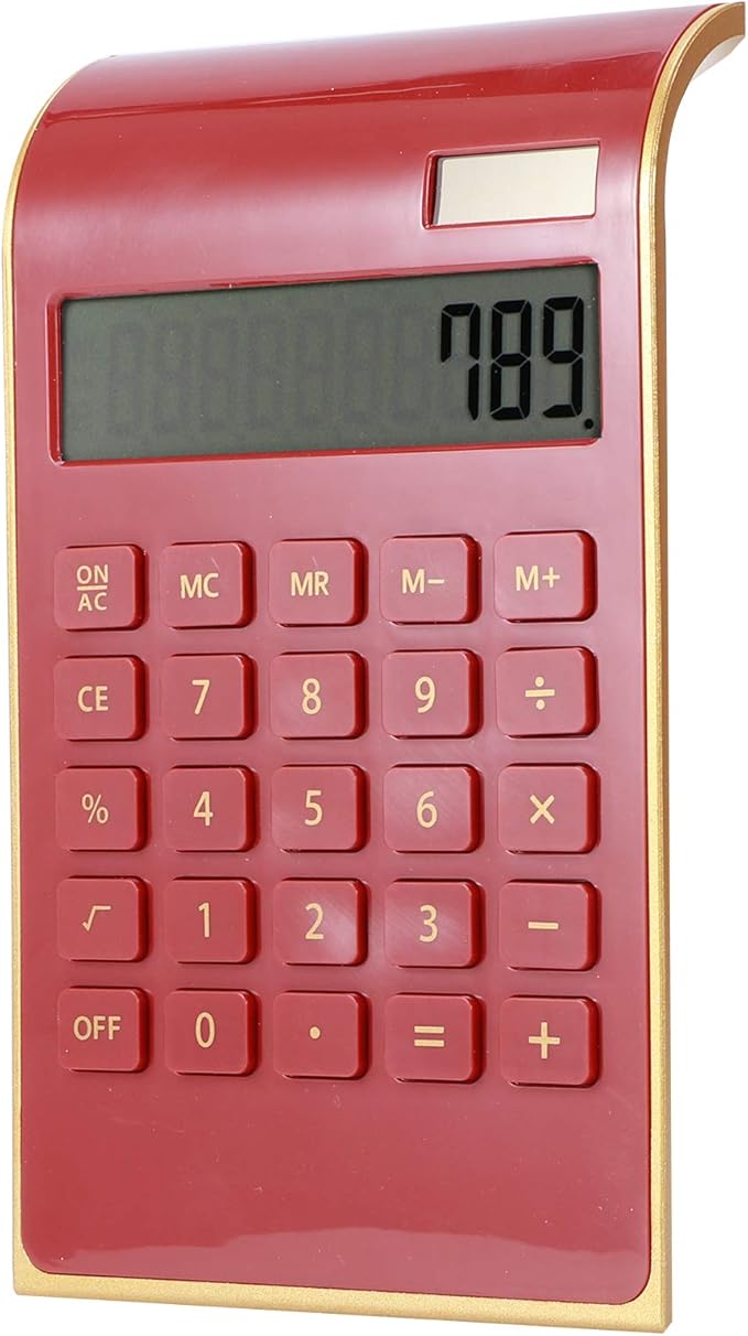 Portable 10 Digits Calculator Tilted LCD Display Ultra Thin Solar Power Calculator for Home Office Business(Red)