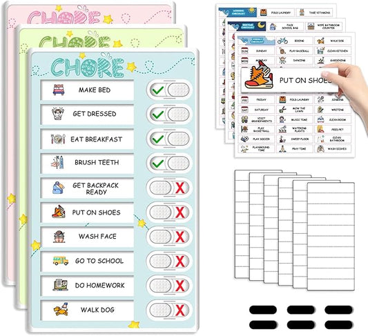 Dry Erase Kids Chore Chart for 3 Kids Pink & Blue & Green - Magnetic Routine Chart with Slider Cute Chore Stickers, Morning Bedtime Daily Routine Chart for Toddlers Visual Schedule for Kid with Autism