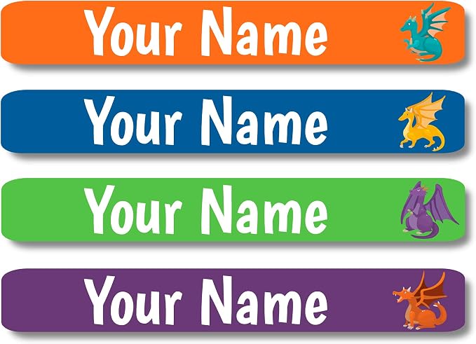 Lovable Labels Personalized Labels for Kids (120 Labels) - Waterproof Dishwasher Safe Peel and Stick Labels are Great for School Supplies Daycare Camp Bottles (Dragons Den)