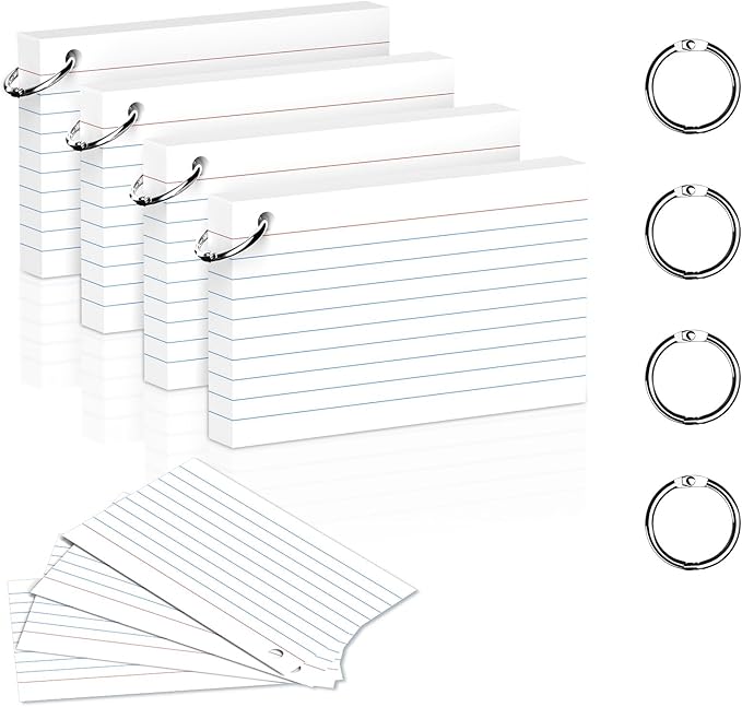200 Count 3 x 5 Inch White Index Cards with Binder Rings, Lined & Blank Study Cards, Thick Cardstock Flash Cards for Students & Teachers, Color-Coded Notecards for School, Home, Work