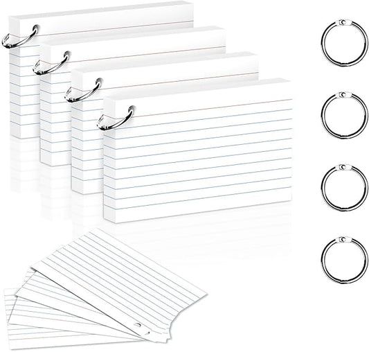 200 Count 3 x 5 Inch White Index Cards with Binder Rings, Lined & Blank Study Cards, Thick Cardstock Flash Cards for Students & Teachers, Color-Coded Notecards for School, Home, Work