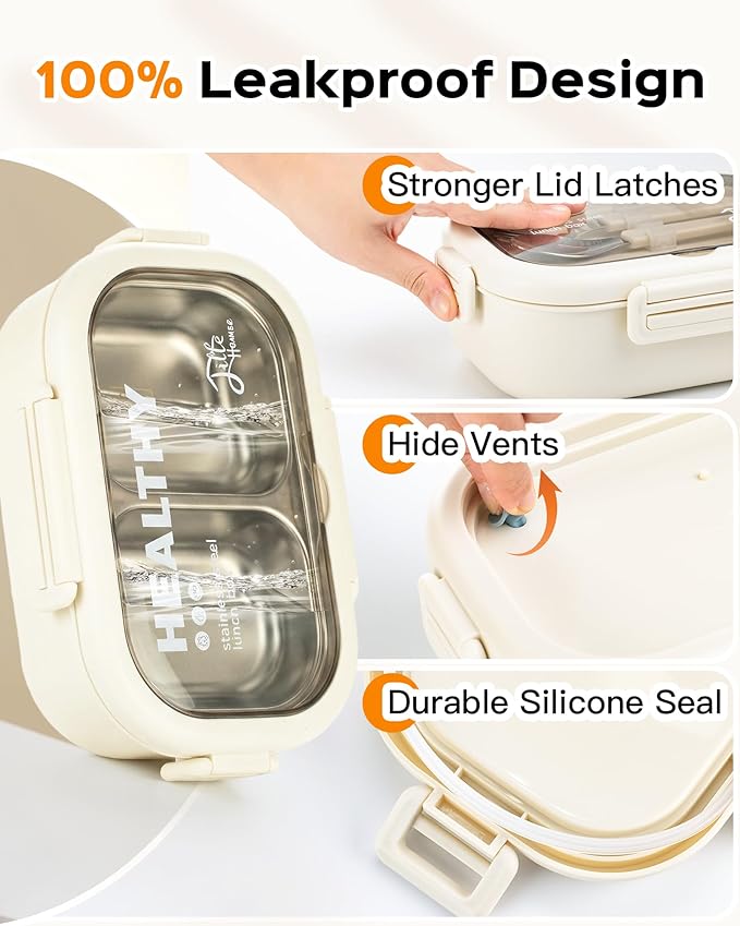 Lille Home 28oz Stainless Steel Leakproof 2-Compartment Bento Lunch Box/Portion Control Food Container with Lunch Bag and Cutlery Set, BPA Free (Beige)