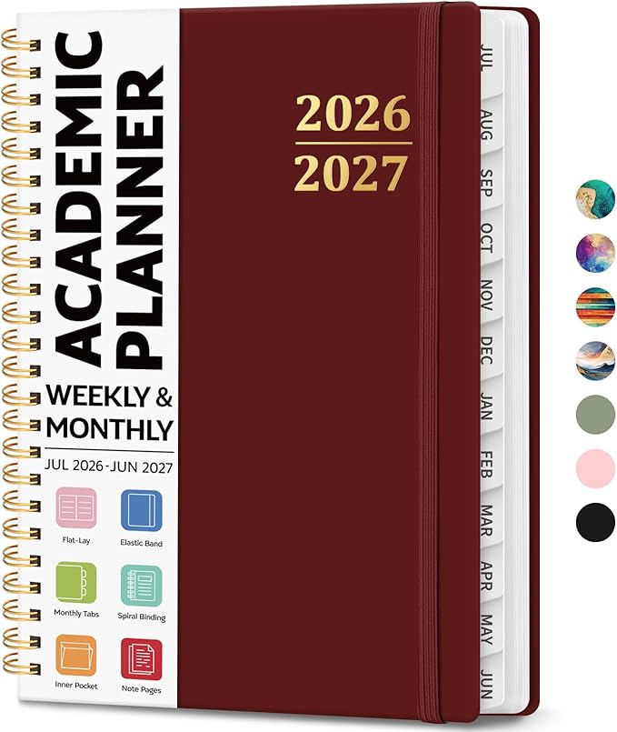 Academic Planner 2026-2027, Weekly and Monthly Calendar Planner Book, July 2026 – June 2027, Hardcover Organizer with Tabs, Perfect for Teachers, Students, Women & Men, A5 (6.4" x 8.5") - Burgundy