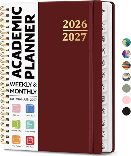 Academic Planner 2026-2027, Weekly and Monthly Calendar Planner Book, July 2026 – June 2027, Hardcover Organizer with Tabs, Perfect for Teachers, Students, Women & Men, A5 (6.4" x 8.5") - Burgundy