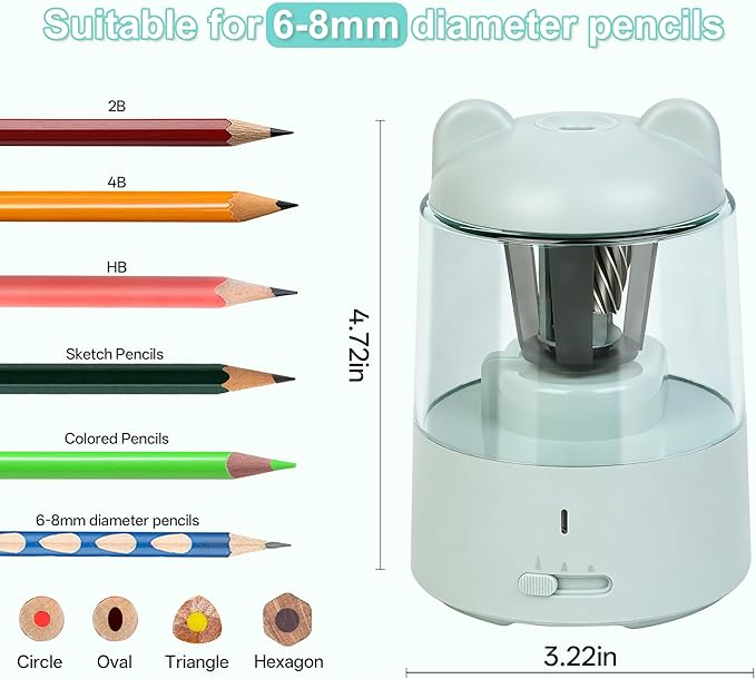 Electric Pencil Sharpener, Auto Stop Fast Sharpen in 3s, Battery Powered Pencil Sharpeners for No.2 & 6-8mm Colored Pencils, Cute Rechargeable Pencil Sharpener for Classroom/Office/Home (Green)