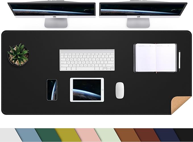 AFIING Large Desk Mat 47" x 17", Dual-Sided Natural Cork & PU Leather Desk Pad, Non-Slip Waterproof Mouse Pad for Office, Home & Gaming, Black