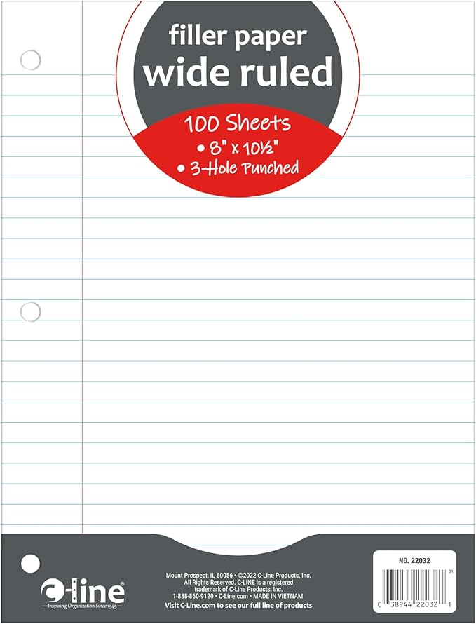 C-Line Filler Paper, Wide Ruled, White, 100 Sheets, (22032)