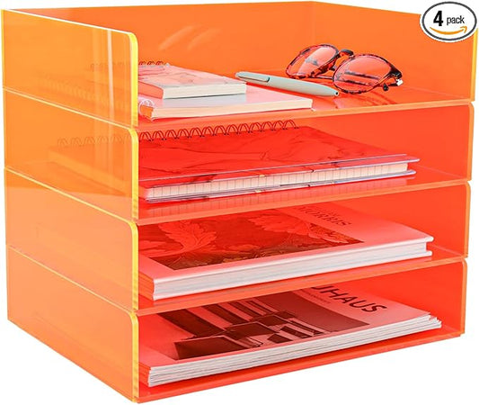 Gelite Acrylic File Organizer for Desk 4 Tiered Stackable Letter Tray Office Paper Storage Desktop Document Sorter, Neon Orange