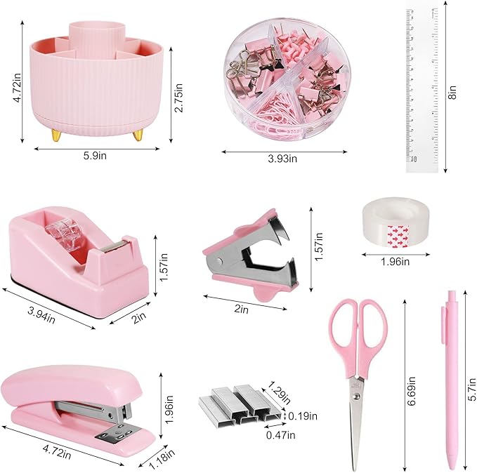 Gawsey Desk Organizers and Accessories Set with 360-Degree Rotating Pen Holder, Tape Dispenser, Stapler, Staple Remover, 1000 Staples, Tape, Clips Set, Ruler, Scissor, Pen (Pink-A)