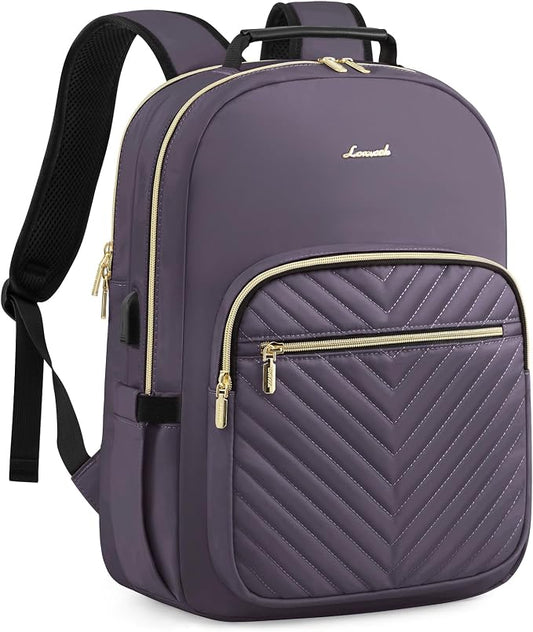 LOVEVOOK Laptop Backpack Purse for Women, Large Capacity Travel Business Computer Work Bag, Quilted Casual Nurse Backpack for Womens, Fit 15.6 Inch Laptop with USB Port, Purple Grey