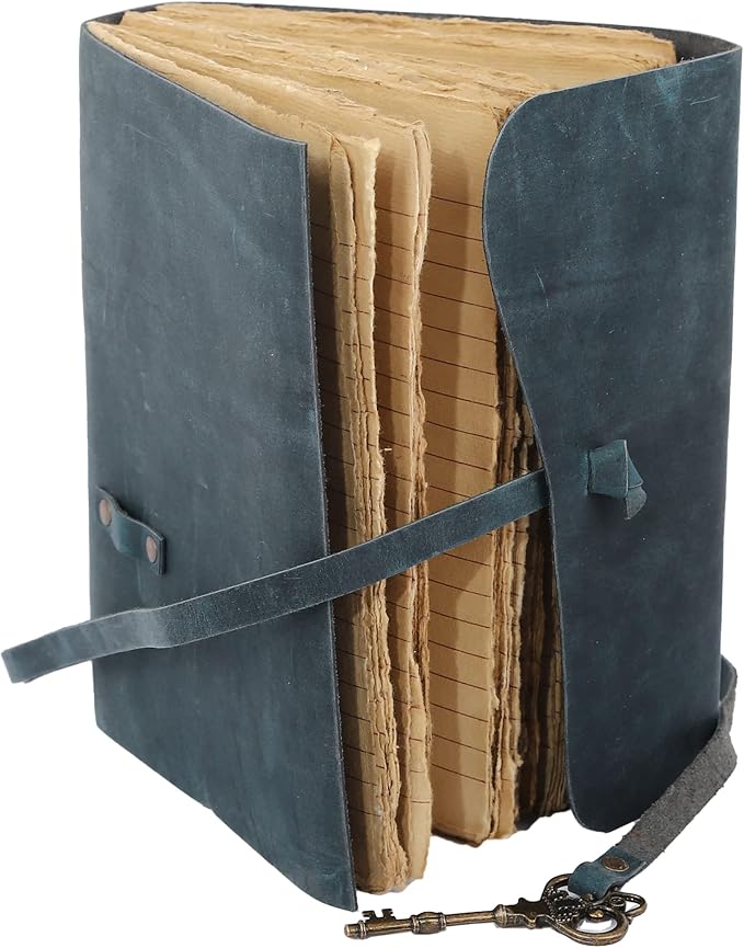 Leather Journal with Deckle Edge Paper 8x6 inch and Vintage Key | Handmade Writing Notebook Diary | Bound Daily Notepad for Men & Women Medium, Sketch/Writing pad for Artists