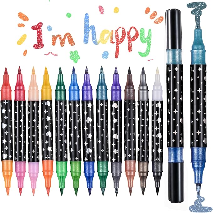 24 Colors Glitter Brush Markers,12 Pack Dual Tip Brush Glitter Marker for Doodle Writing, Glitter Art Crafts Adults DIY Crafts Greeting Birthday Cards Making