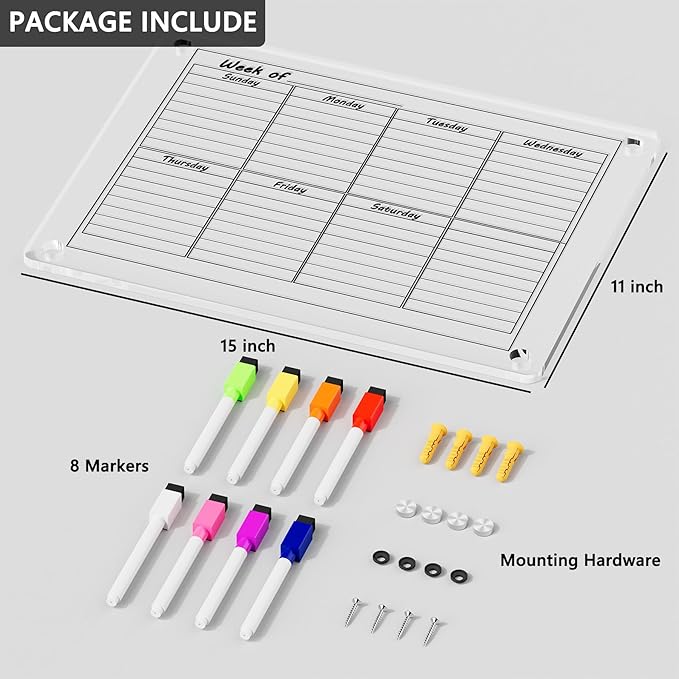 Neatsure Acrylic Weekly Calendar Whiteboard for Wall, 15"x11" Small Clear Planner Dry Erase White Board for List, Kitchen, Planning, Memo