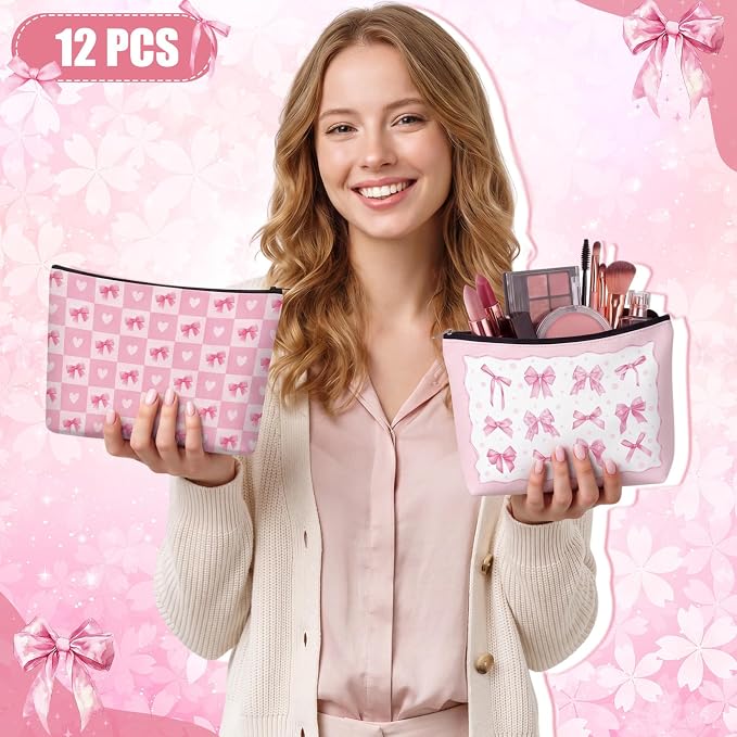 Reginary 24 Pcs Pink Bow Makeup Bags Coquette Bow Cosmetic Bags with Zippers Coquette Party Favors Pink Aesthetic Elegant Pouch Bulk Gifts for Women Stuff Christmas Birthday Supplies Travel Accessory