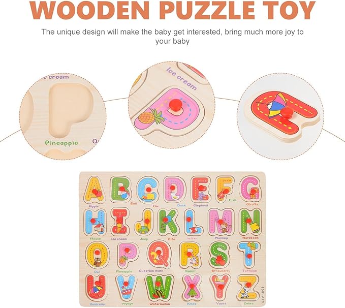 Alphabet Puzzle Wooden Puzzles for Toddlers 3+ Year Old, ABC Puzzle Shape Alphabet Learning Puzzles Toys with Puzzle Board & Letter Blocks, Preschool Education Kit for Girls and Boys