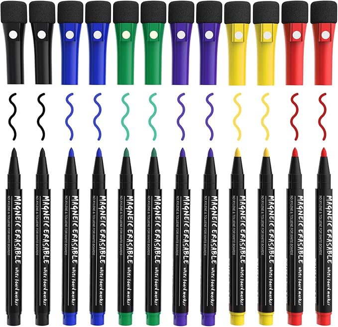 Magnetic Dry Erase Markers Fine Tip, 6 Colors (12 Pack) White Board Markers Dry Erase Marker with Eraser Cap, Low Odor Whiteboard Markers Fine Point Pens for Office Supplies