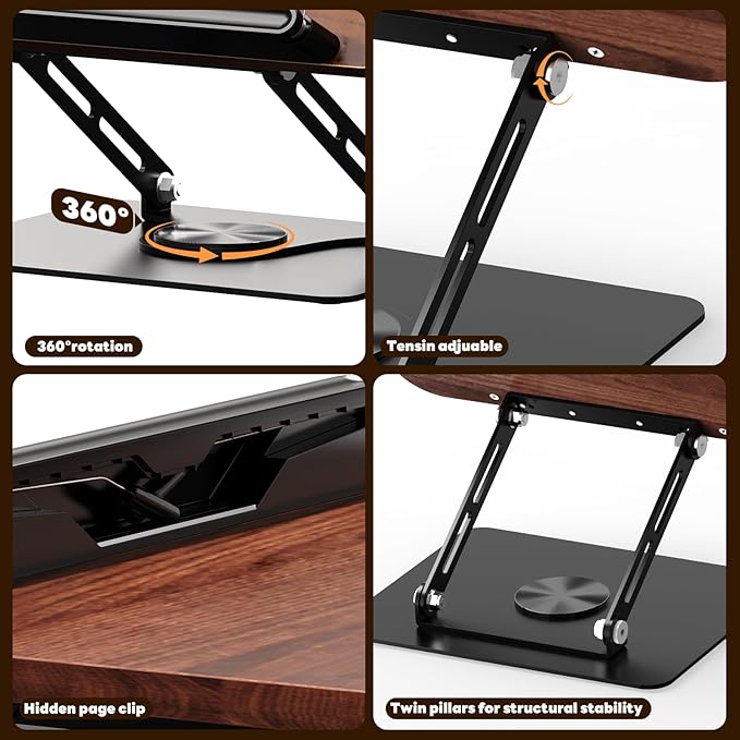 Abiglifty Book Stand for Reading,Adjustable Book Holder with 360° Rotating Base,Foldable Book Holder Stand for Cookbook,Textbook,Tablets, Laptops (Dark Wood)