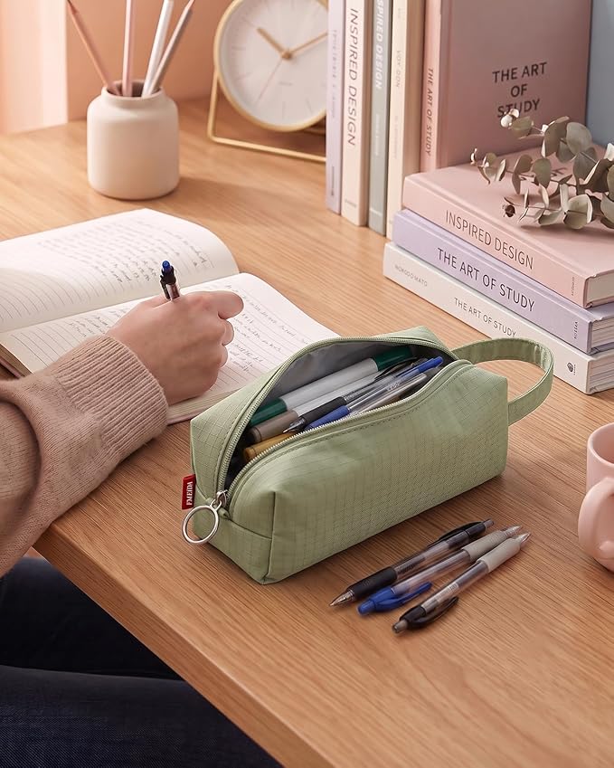 Fmeida Simple Pencil Case Pouch, Office Supplies Gift for Men Women, Green | Eco-Friendly Fabric, Gift Box, Water-Resistant, Inner pocket, Carry handle, for Coworkers Writers Teachers Designers