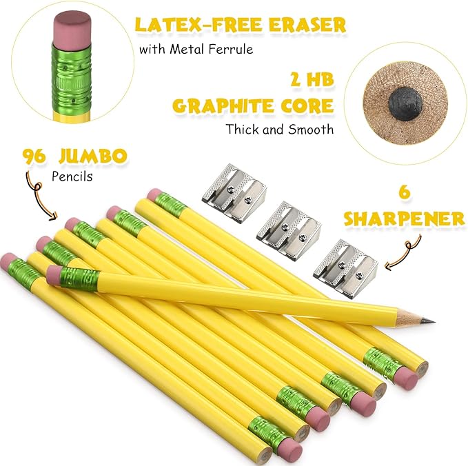 Fainne 102 Pieces Jumbo Pencils Set for Kids Toddlers 96 Thick Fat Large Pencils with Erasers 6 Sharpeners Bulk for Preschool Kindergarten Elementary School Classroom(Yellow,Round)