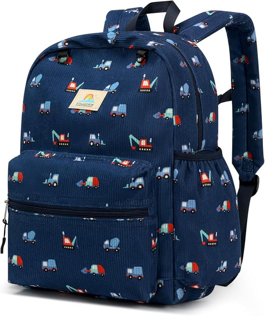 STEAMEDBUN Corduroy Kids Backpack for Girls and Boys 5-8: Girls Backpack for Elementary Kindergarten - 15 inch Cute Backpacks for Kids - Blue Trucks