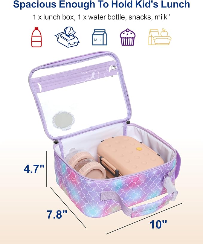 Bagseri Kids Clear Lunch Bag - Girls Lunch Box for School Reusable Snack Bag with Water Bottle Holder Stadium Approved Clear Bag, Purple Mermaid Shell