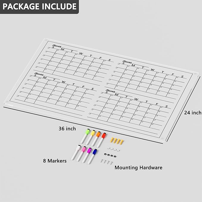 Neatsure Acrylic 4 Monthly Calendar Whiteboard for Wall, 36"x24" Clear Planner Dry Erase White Board for List, Kitchen, Planning, Memo, Office