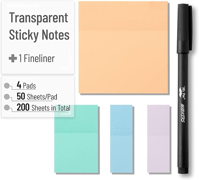 Mr. Pen- Transparent Sticky Notes Set, 200 Sheets, Transparent Sticky Notes and Planner Tabs with Black Fineliner Pen for Bible Study, Office, School, Planning, Journaling & Organization
