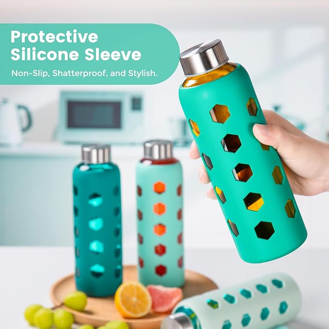 Mrsdry 18 oz Glass Water Bottles with Lids & Silicone Sleeves, 4-Pack | BPA Free, Leak-Proof Reusable Glass Drinking Bottles with Stainless Steel Airtight Cap for Juicing, Dishwasher Safe, Non-Slip