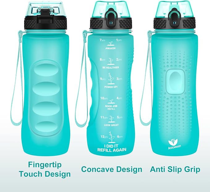 24 OZ Motivational Kids Water Bottle With Time Marker,Straw Lid,Leak Proof, Tritan BPA Free Sports Water Bottle Green(1 Lid)