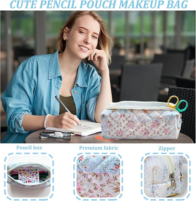 Pencil Pouch Cute Pencil Case Office Storage Bag Holder Box Organizer Aesthetic Bow Flower Pattern Makeup Pouch Cosmetic Bag for Women Girls