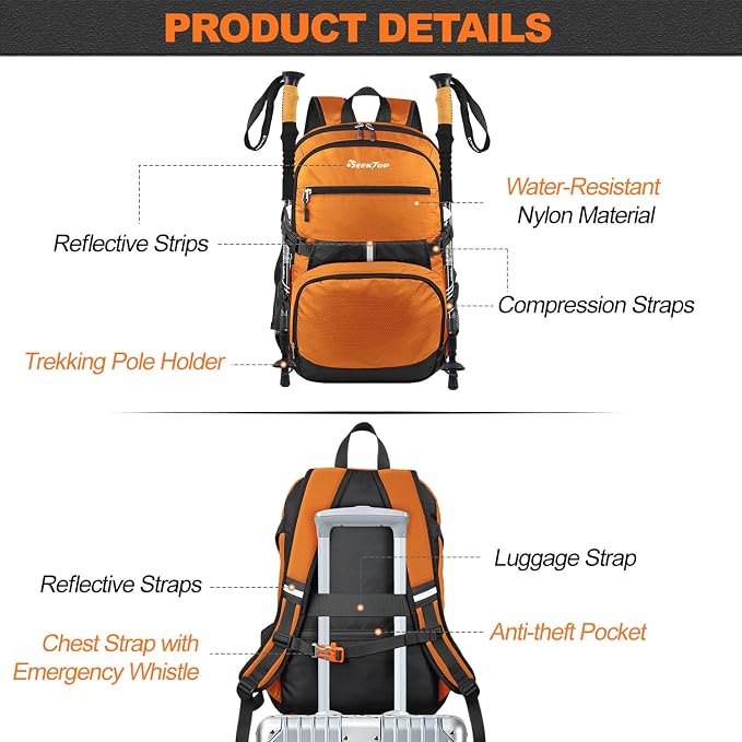 Seektop Travel Backpack for Men Women, Multiple Pockets 40L Hiking Backpack | Lightweight Foldable Carry on Backpack for Outdoor Camping Sport Leisure