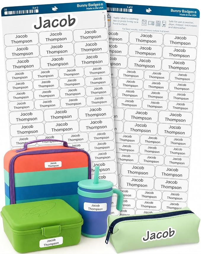 Bunny Badges Personalized Daycare Name Labels for Kids (120 Labels) Custom Label for Clothing Tag - Waterproof Name Stickers for Clothing Tags, Bottles, Backpacks and School Supplies (White)
