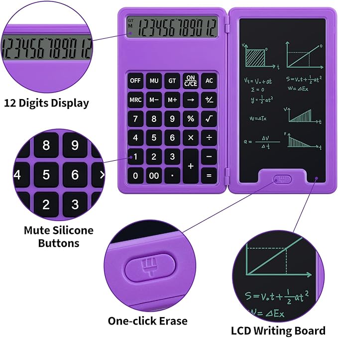 Desk Portable Basic Calculator, Small Mini Calculators with Writing Notepad and Stylus, More Lightweight and Portable, 12Digit Large Display Multi-Function for Office, Home & Financial (Purple)