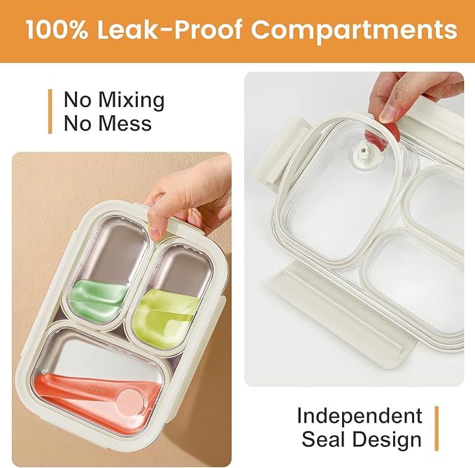 Premium 25oz SUS316L Stainless Steel Lunch Box Bento Box - Reusable Metal Snack Containers with Lids for Kids & Adults - Daycare/School/Work/Travel - Superior Corrosion-resistant (Beige)