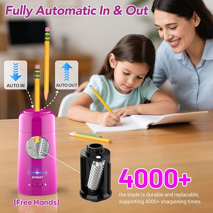 AFMAT Electric Pencil Sharpener, Rechargeable Fully Automatic Pencil Sharpener for Jumbo & Colored Pencils (7-11.5mm), Auto in/Out, Hands-Free, Portable for Home/Classroom/Office PSX6(Purple)
