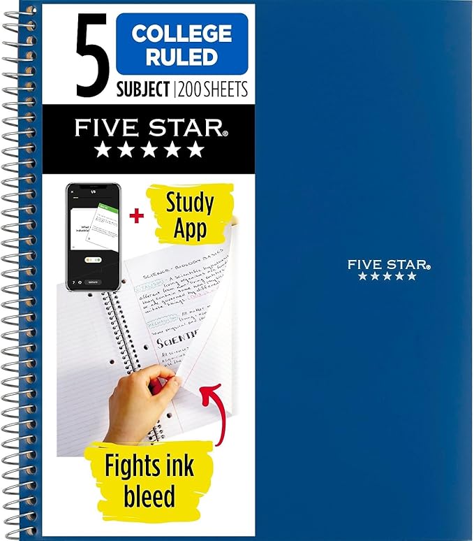 Five Star Spiral Notebook, 5 Subject, College Ruled Paper, 200 Sheets, 11" x 8-1/2", Color Selected For You, 1 Count (06112)